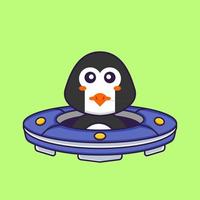 Cute penguin Driving Spaceship Ufo. Animal cartoon concept isolated. Can used for t-shirt, greeting card, invitation card or mascot. Flat Cartoon Style vector