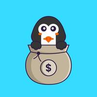 lindo pingüino jugando en la bolsa de dinero. aislado concepto de dibujos animados de animales. Puede utilizarse para camiseta, tarjeta de felicitación, tarjeta de invitación o mascota. estilo de dibujos animados plana vector