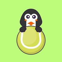 Cute penguin playing tennis. Animal cartoon concept isolated. Can used for t-shirt, greeting card, invitation card or mascot. Flat Cartoon Style vector