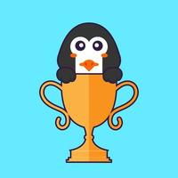 lindo pingüino con trofeo de oro. aislado concepto de dibujos animados de animales. Puede utilizarse para camiseta, tarjeta de felicitación, tarjeta de invitación o mascota. estilo de dibujos animados plana vector