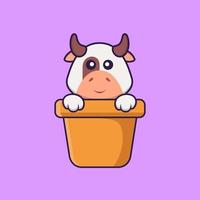 Cute cow in a flower vase. Animal cartoon concept isolated. Can used for t-shirt, greeting card, invitation card or mascot. Flat Cartoon Style vector