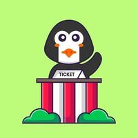 lindo pingüino es un poseedor de boletos. aislado concepto de dibujos animados de animales. Puede utilizarse para camiseta, tarjeta de felicitación, tarjeta de invitación o mascota. estilo de dibujos animados plana vector