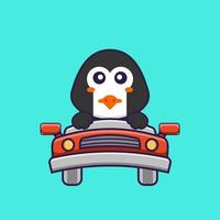 Cute penguin is driving. Animal cartoon concept isolated. Can used for t-shirt, greeting card, invitation card or mascot. Flat Cartoon Style vector