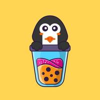 Cute penguin Drinking Boba milk tea. Animal cartoon concept isolated. Can used for t-shirt, greeting card, invitation card or mascot. Flat Cartoon Style vector