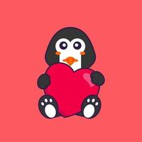 lindo pingüino sosteniendo un gran corazón rojo. aislado concepto de dibujos animados de animales. Puede utilizarse para camiseta, tarjeta de felicitación, tarjeta de invitación o mascota. estilo de dibujos animados plana vector