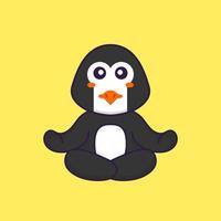 Cute penguin is meditating or doing yoga. Animal cartoon concept isolated. Can used for t-shirt, greeting card, invitation card or mascot. Flat Cartoon Style vector