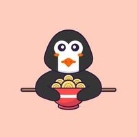 Cute penguin eating ramen noodles. Animal cartoon concept isolated. Can used for t-shirt, greeting card, invitation card or mascot. Flat Cartoon Style vector