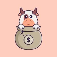 linda vaca jugando en la bolsa de dinero. aislado concepto de dibujos animados de animales. Puede utilizarse para camiseta, tarjeta de felicitación, tarjeta de invitación o mascota. estilo de dibujos animados plana vector