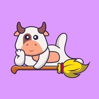 linda vaca acostada en una escoba mágica. aislado concepto de dibujos animados de animales. Puede utilizarse para camiseta, tarjeta de felicitación, tarjeta de invitación o mascota. estilo de dibujos animados plana vector
