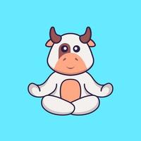 Cute cow is meditating or doing yoga. Animal cartoon concept isolated. Can used for t-shirt, greeting card, invitation card or mascot. Flat Cartoon Style vector