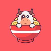 vaca linda comiendo fideos ramen. aislado concepto de dibujos animados de animales. Puede utilizarse para camiseta, tarjeta de felicitación, tarjeta de invitación o mascota. estilo de dibujos animados plana vector