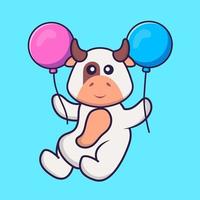 linda vaca volando con dos globos. aislado concepto de dibujos animados de animales. Puede utilizarse para camiseta, tarjeta de felicitación, tarjeta de invitación o mascota. estilo de dibujos animados plana vector