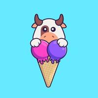 vaca linda con helado dulce. aislado concepto de dibujos animados de animales. Puede utilizarse para camiseta, tarjeta de felicitación, tarjeta de invitación o mascota. estilo de dibujos animados plana vector