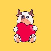 Cute cow holding a big red heart. Animal cartoon concept isolated. Can used for t-shirt, greeting card, invitation card or mascot. Flat Cartoon Style vector