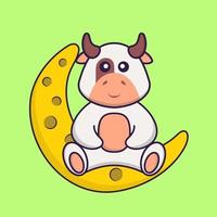 Cute cow is sitting on the moon. Animal cartoon concept isolated. Can used for t-shirt, greeting card, invitation card or mascot. Flat Cartoon Style vector