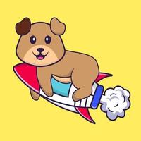 Cute dog flying on rocket. Animal cartoon concept isolated. Can used for t-shirt, greeting card, invitation card or mascot. Flat Cartoon Style vector