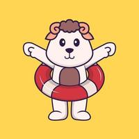 Cute sheep using a float. Animal cartoon concept isolated. Can used for t-shirt, greeting card, invitation card or mascot. Flat Cartoon Style vector
