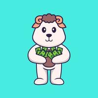 Cute sheep holding money. Animal cartoon concept isolated. Can used for t-shirt, greeting card, invitation card or mascot. Flat Cartoon Style vector