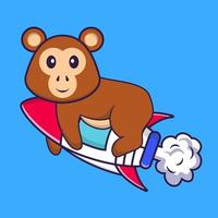 Cute monkey flying on rocket. Animal cartoon concept isolated. Can used for t-shirt, greeting card, invitation card or mascot. Flat Cartoon Style vector