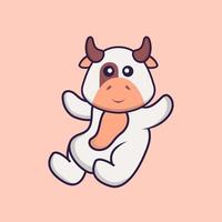 Cute cow is flying. Animal cartoon concept isolated. Can used for t-shirt, greeting card, invitation card or mascot. Flat Cartoon Style vector