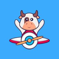 Cute cow flying on a plane. Animal cartoon concept isolated. Can used for t-shirt, greeting card, invitation card or mascot. Flat Cartoon Style vector