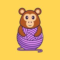 Cute monkey playing with wool yarn. Animal cartoon concept isolated. Can used for t-shirt, greeting card, invitation card or mascot. Flat Cartoon Style vector