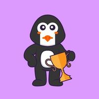 Cute penguin holding gold trophy. Animal cartoon concept isolated. Can used for t-shirt, greeting card, invitation card or mascot. Flat Cartoon Style vector