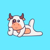 Cute cow lying down. Animal cartoon concept isolated. Can used for t-shirt, greeting card, invitation card or mascot. Flat Cartoon Style vector