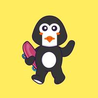 lindo pingüino sosteniendo una patineta. aislado concepto de dibujos animados de animales. Puede utilizarse para camiseta, tarjeta de felicitación, tarjeta de invitación o mascota. estilo de dibujos animados plana vector