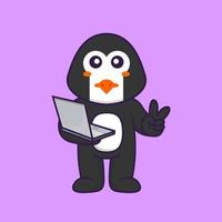 Cute penguin holding laptop. Animal cartoon concept isolated. Can used for t-shirt, greeting card, invitation card or mascot. Flat Cartoon Style vector