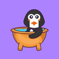 lindo pingüino tomando un baño en la bañera. aislado concepto de dibujos animados de animales. Puede utilizarse para camiseta, tarjeta de felicitación, tarjeta de invitación o mascota. estilo de dibujos animados plana vector