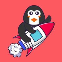 lindo pingüino volando en cohete. aislado concepto de dibujos animados de animales. Puede utilizarse para camiseta, tarjeta de felicitación, tarjeta de invitación o mascota. estilo de dibujos animados plana vector