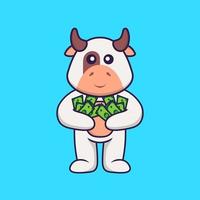 Cute cow holding money. Animal cartoon concept isolated. Can used for t-shirt, greeting card, invitation card or mascot. Flat Cartoon Style vector