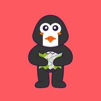 Cute penguin holding a map. Animal cartoon concept isolated. Can used for t-shirt, greeting card, invitation card or mascot. Flat Cartoon Style vector