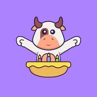 vaca linda con pastel de cumpleaños. aislado concepto de dibujos animados de animales. Puede utilizarse para camiseta, tarjeta de felicitación, tarjeta de invitación o mascota. estilo de dibujos animados plana vector