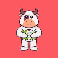 linda vaca sosteniendo un mapa. aislado concepto de dibujos animados de animales. Puede utilizarse para camiseta, tarjeta de felicitación, tarjeta de invitación o mascota. estilo de dibujos animados plana vector