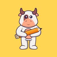 Cute cow holding a pencil. Animal cartoon concept isolated. Can used for t-shirt, greeting card, invitation card or mascot. Flat Cartoon Style vector