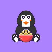 lindo pingüino comiendo fideos ramen. aislado concepto de dibujos animados de animales. Puede utilizarse para camiseta, tarjeta de felicitación, tarjeta de invitación o mascota. estilo de dibujos animados plana vector