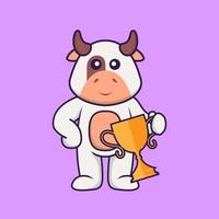 Cute cow holding gold trophy. Animal cartoon concept isolated. Can used for t-shirt, greeting card, invitation card or mascot. Flat Cartoon Style vector