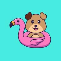 lindo perro con boya flamingo. aislado concepto de dibujos animados de animales. Puede utilizarse para camiseta, tarjeta de felicitación, tarjeta de invitación o mascota. estilo de dibujos animados plana vector