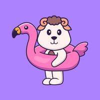 linda oveja con boya flamingo. aislado concepto de dibujos animados de animales. Puede utilizarse para camiseta, tarjeta de felicitación, tarjeta de invitación o mascota. estilo de dibujos animados plana vector