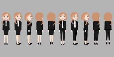 personaje de dibujos animados con mujer de negocios en traje de animación. Carácter de vista frontal, lateral, posterior, 3-4. ilustración vectorial plana. vector