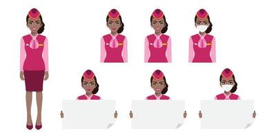 Personaje de dibujos animados con azafata africana americana en uniforme rosa con sonrisa, máscara médica y plantilla de cartel. conjunto de ilustraciones vectoriales aisladas vector