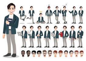 Businessman cartoon character set. Handsome business man in office style smart suit . Vector illustration