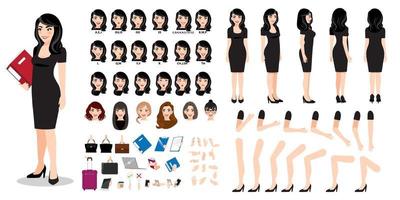 Businesswoman cartoon character creation set with various views, hairstyles, face emotions, lip sync and poses. Parts of body template for design work and animation. vector