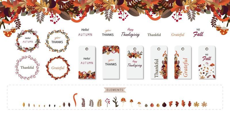 Autumn flower and leaf tag and wreath set. Thanksgiving festival design vector