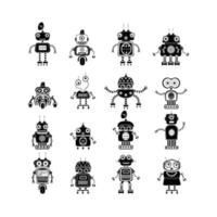 Robot icons, mono vector symbols. Vector robot silhouettes set. Flat design style robots and cyborgs. Science fiction androids with artificial intelligence