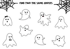 Set of cute halloween ghosts. Find two same ghosts. Educational game for kids. Printable worksheet. vector