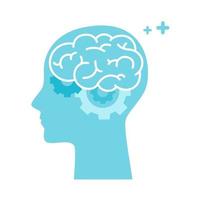 Green silhouette of human head with brain, gear inside. Mental health, therapy, treatment, head thinking concepts. World Mental Health Day. Memory training, brain system, psychology, knowledge design vector