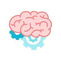 Color human brain with gears icon in flat design. Creative thinking, education, research, business idea concept. Design for learning, problem solving, trainings, courses. Vector illustration